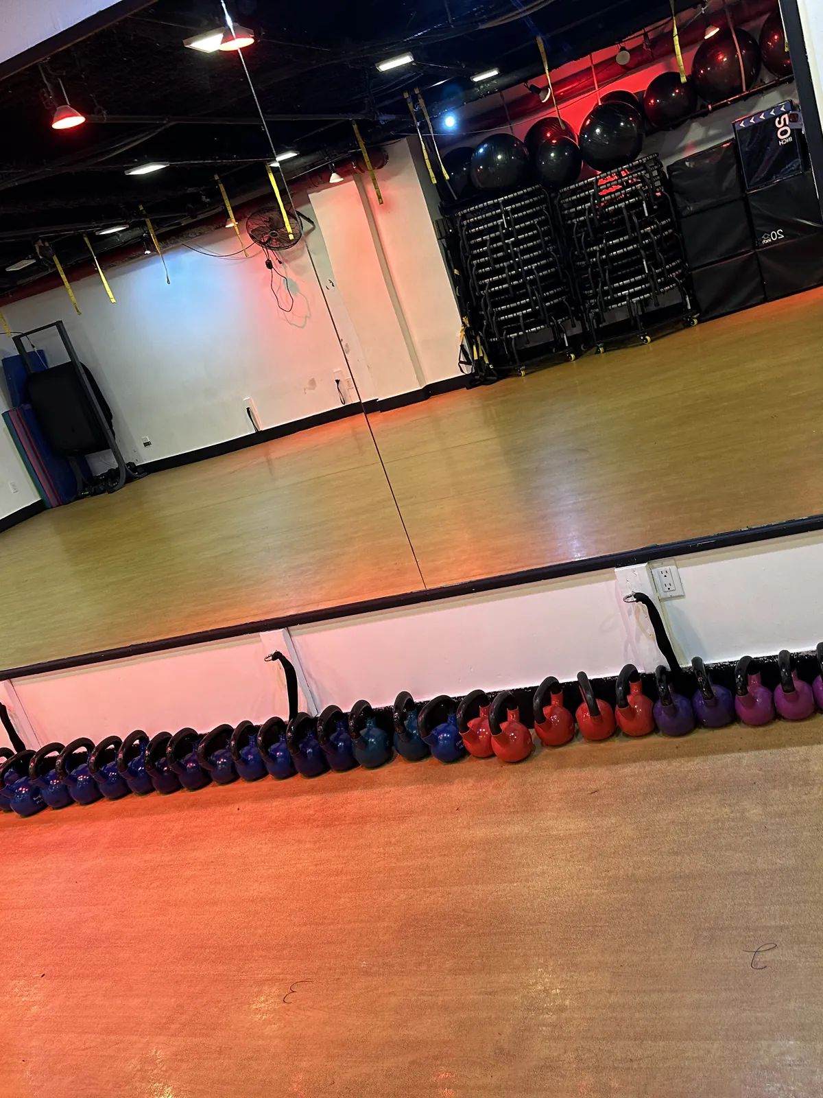 Kettlebell row along the mirrored wall, mural visible in reflection
